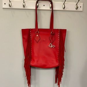 NEVER USED DVF Red Fringed Leather Tote lined in Pink 12”L 10”w 6”D  BEAUTY♥️🩷